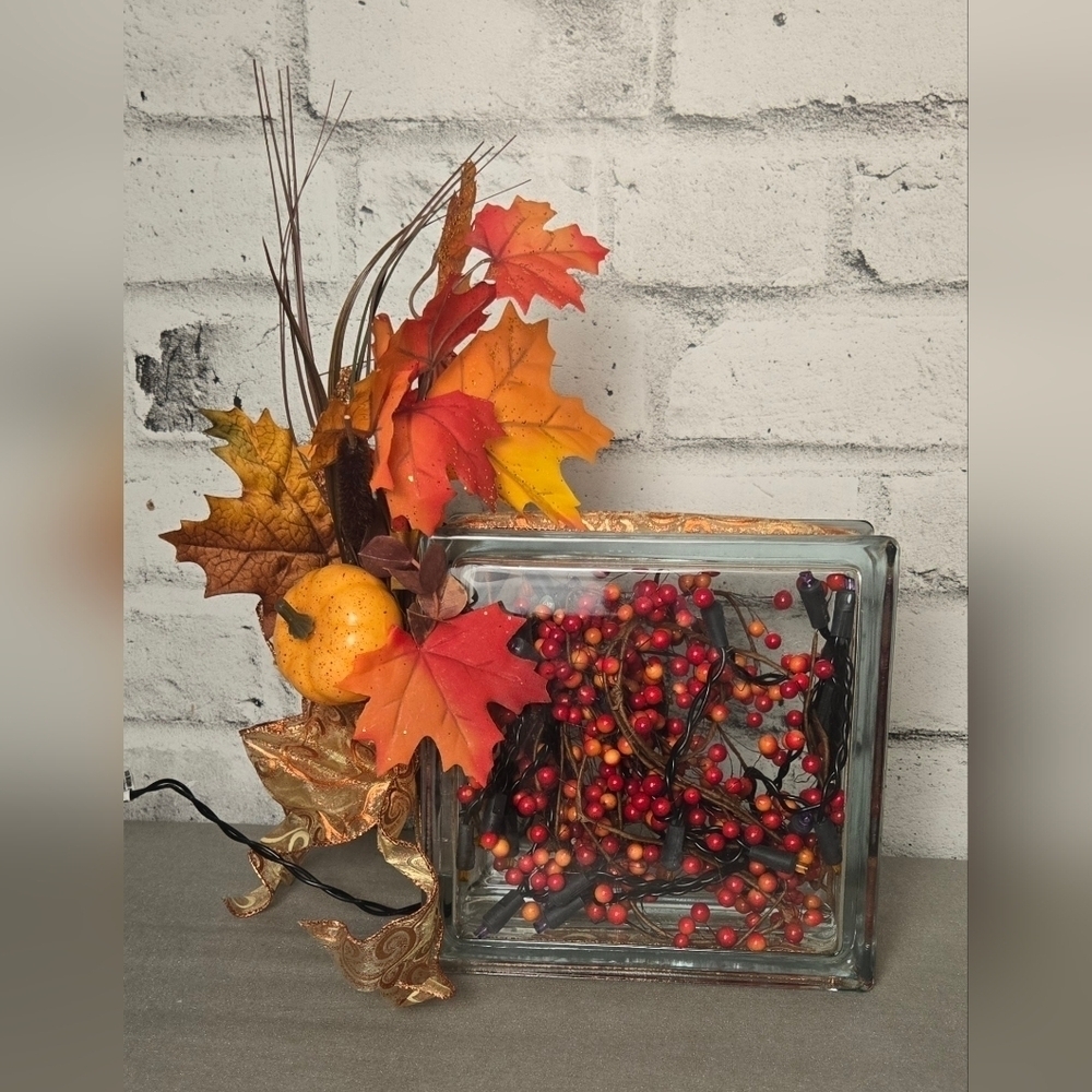 Handmade Lighted Glass Block Fall Decor Pumpkin Leaves Berries Thanksgiving